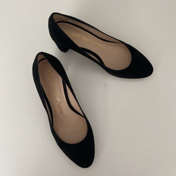 Stuart Weitzman Amatta Black Suede Pump 2" Block Heel Almond Toe 6 - Picture 9 of 11